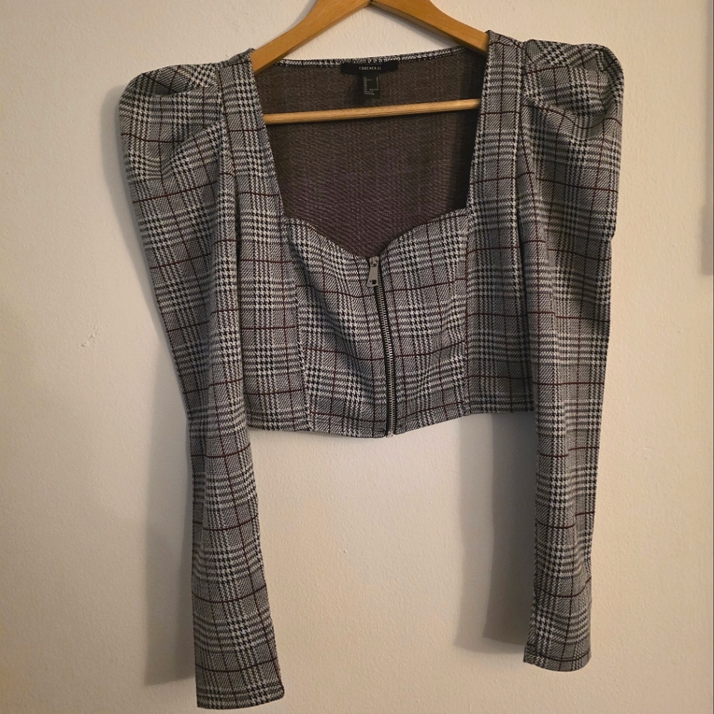 Forever 21 Checkered Zip-Front Crop Top - Black and White - Picture 2 of 5